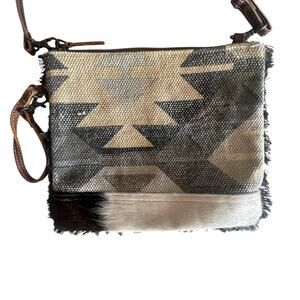 Myra Bag Rug & Cow Fur Leather Crossbody Bag Gray Cream Aztec Western Fringed